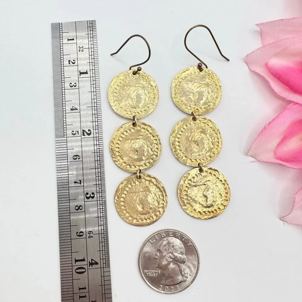 Vintage Ancient Style Golden Coins Linear Dangle Earrings Etruscan Luxe Dusters